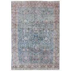 Antique Persian Tabriz with Stylized Floral Design in Blue, Salmon, Gray, Pink