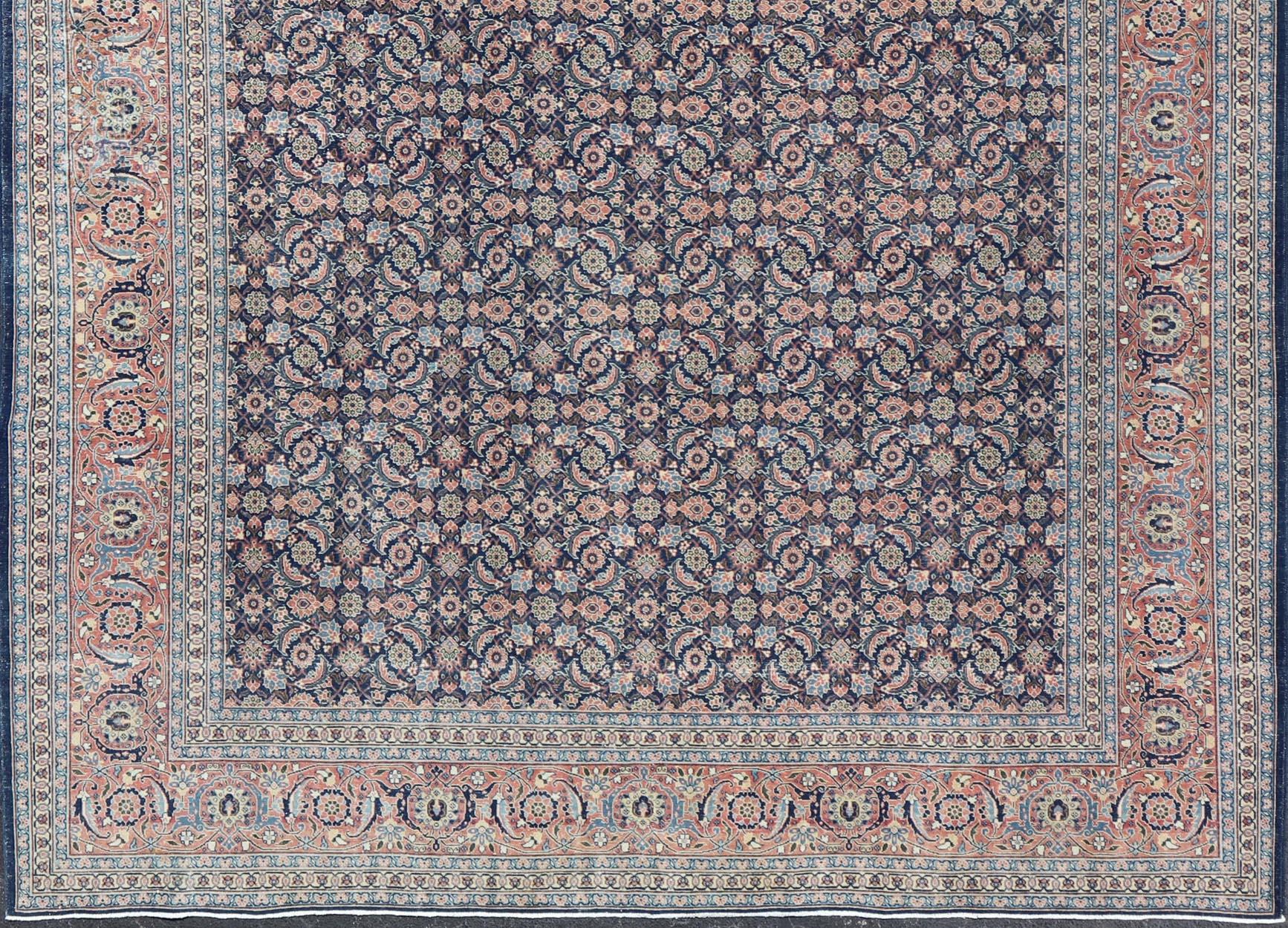 Antique Persian Tabriz with Sub-Geometric Herati Design in Blue Background For Sale 4