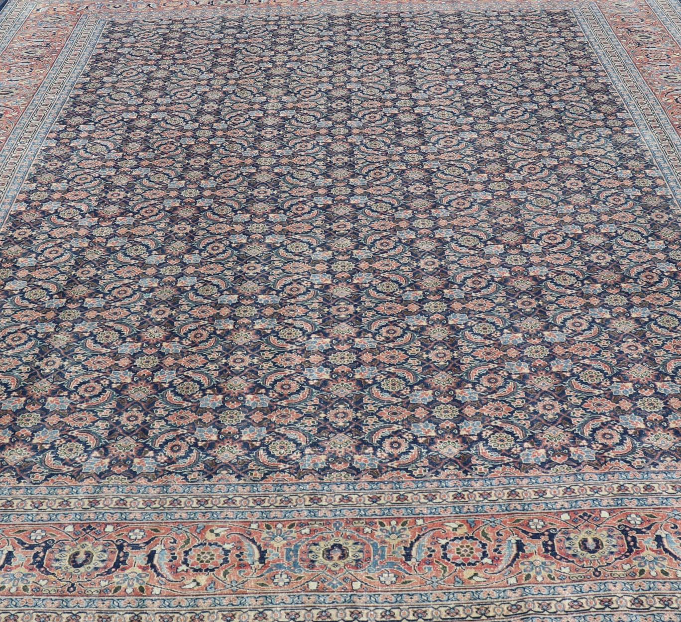 Antique Persian Tabriz with Sub-Geometric Herati Design in Blue Background For Sale 5
