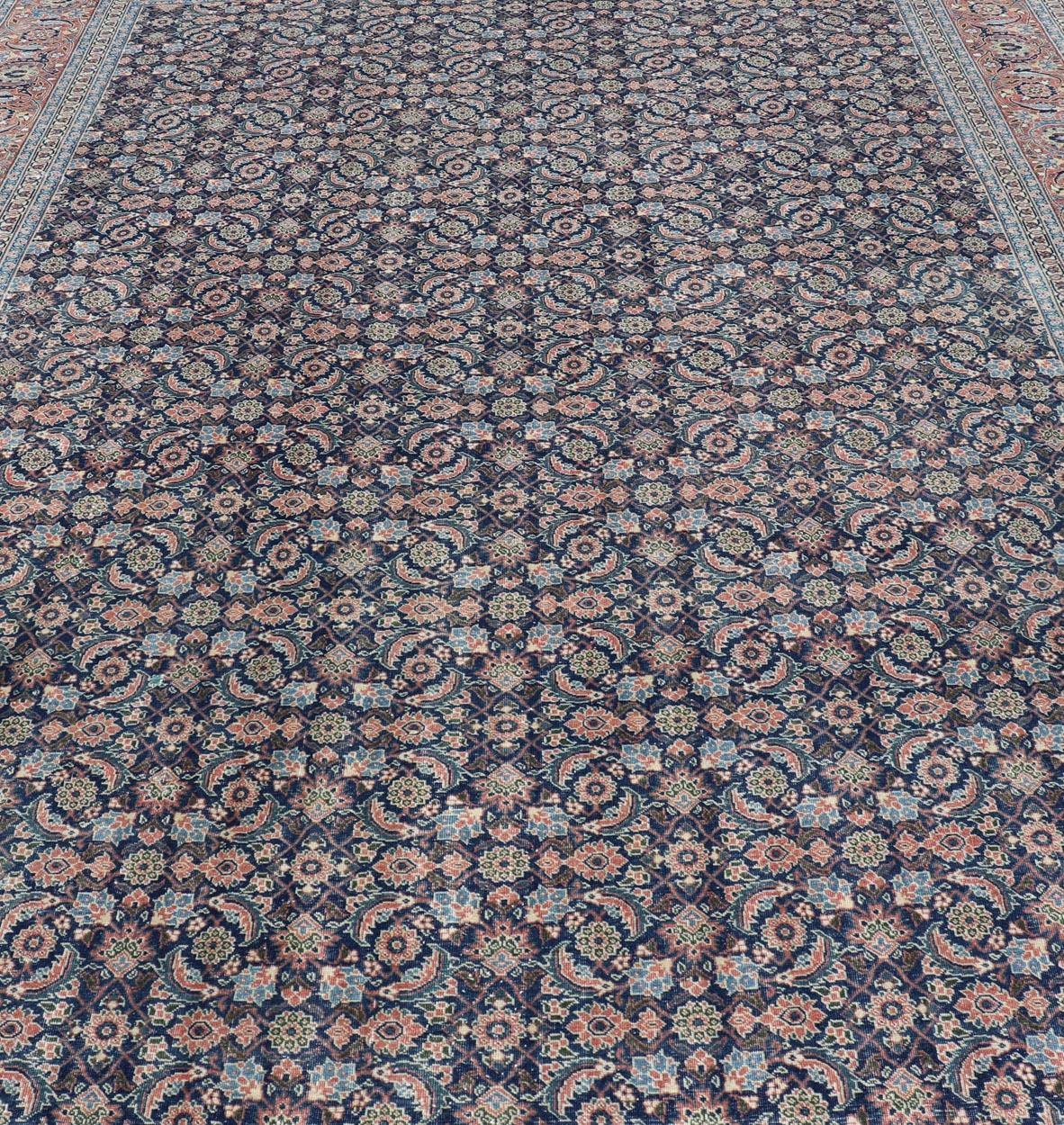 Antique Persian Tabriz with Sub-Geometric Herati Design in Blue Background For Sale 6