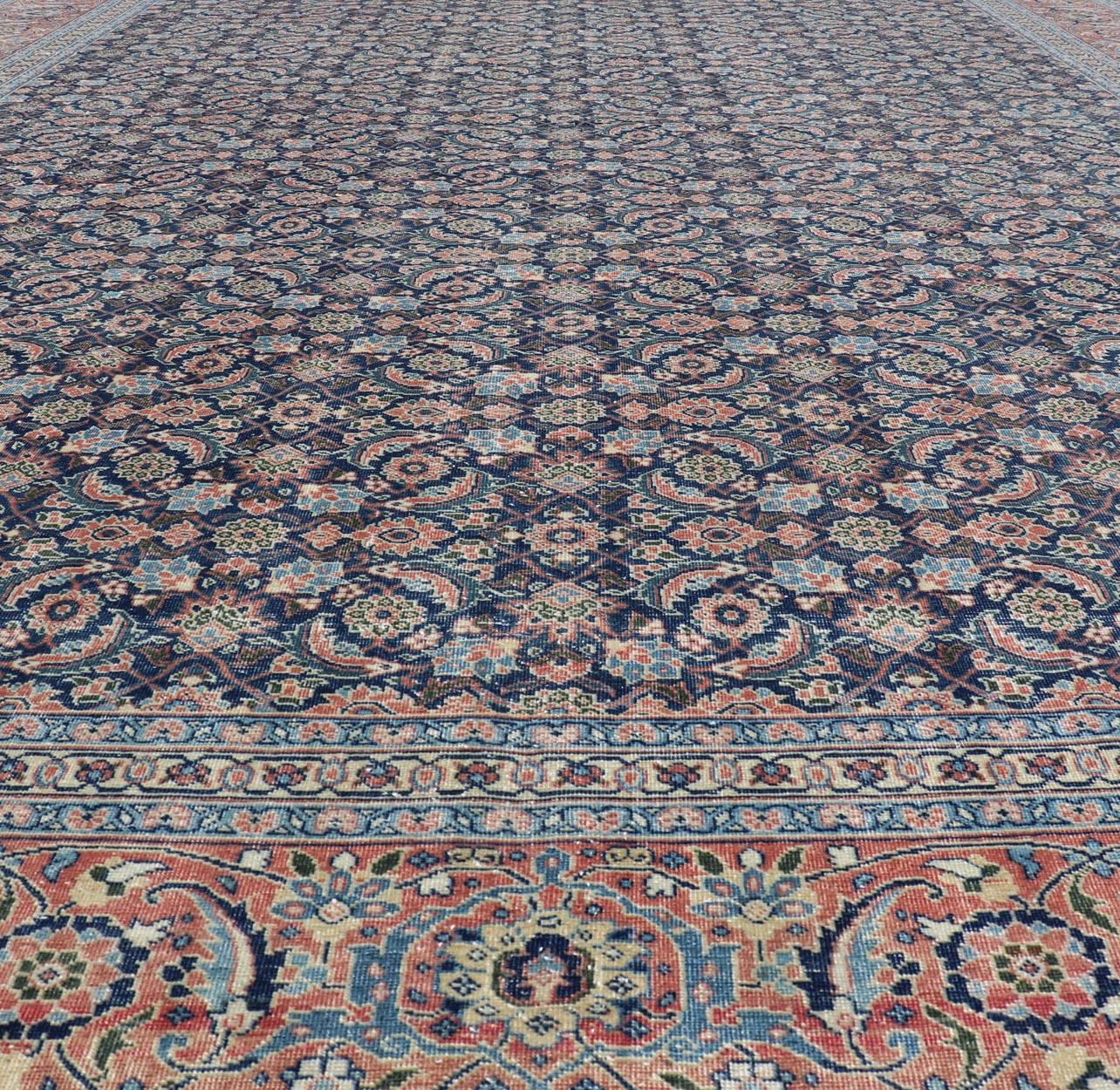 Antique Persian Tabriz with Sub-Geometric Herati Design in Blue Background For Sale 7