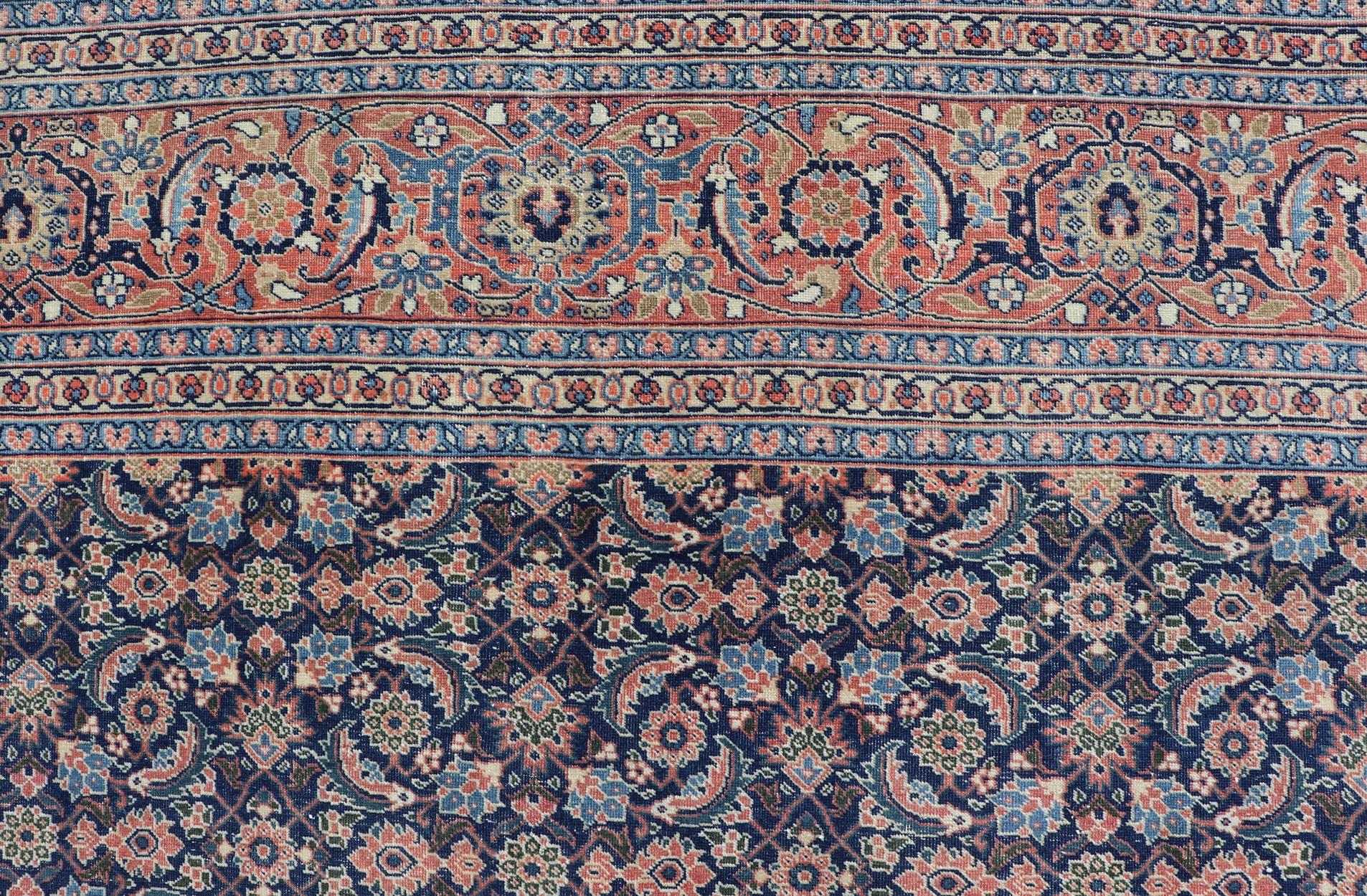 Antique Persian Tabriz with Sub-Geometric Herati Design in Blue Background For Sale 9