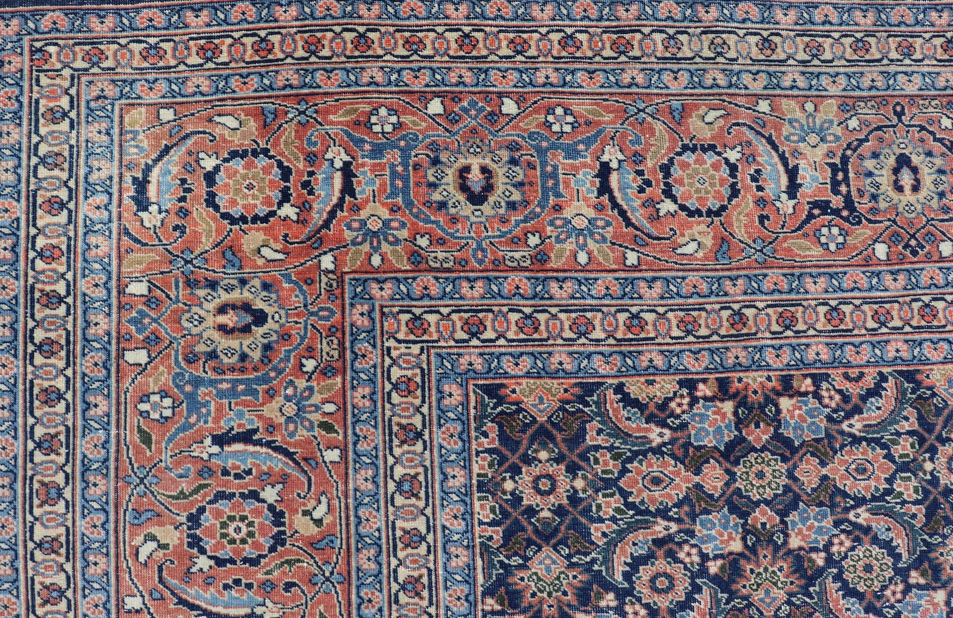 Antique Persian Tabriz with Sub-Geometric Herati Design in Blue Background For Sale 10