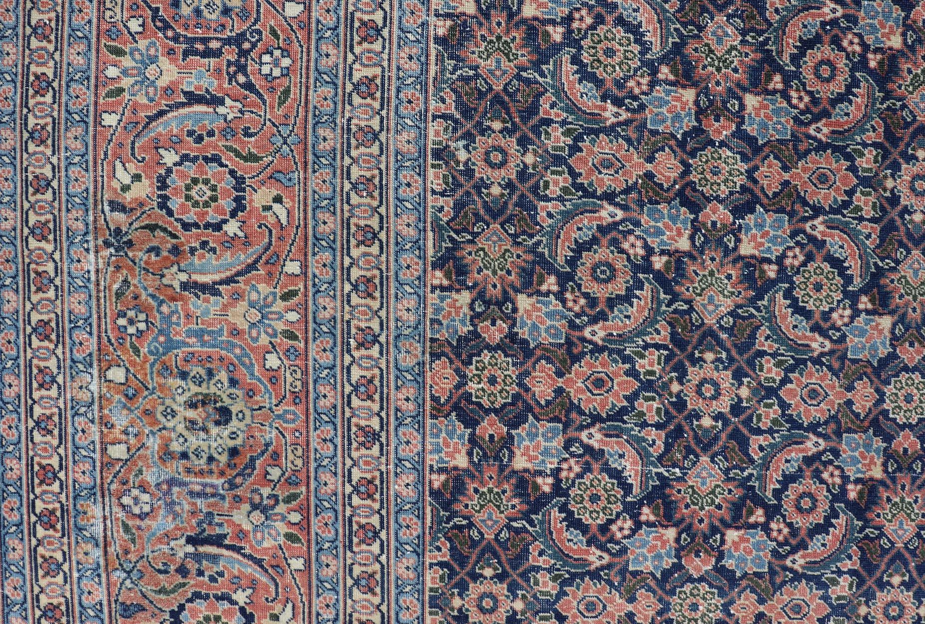 Antique Persian Tabriz with Sub-Geometric Herati Design in Blue Background For Sale 11