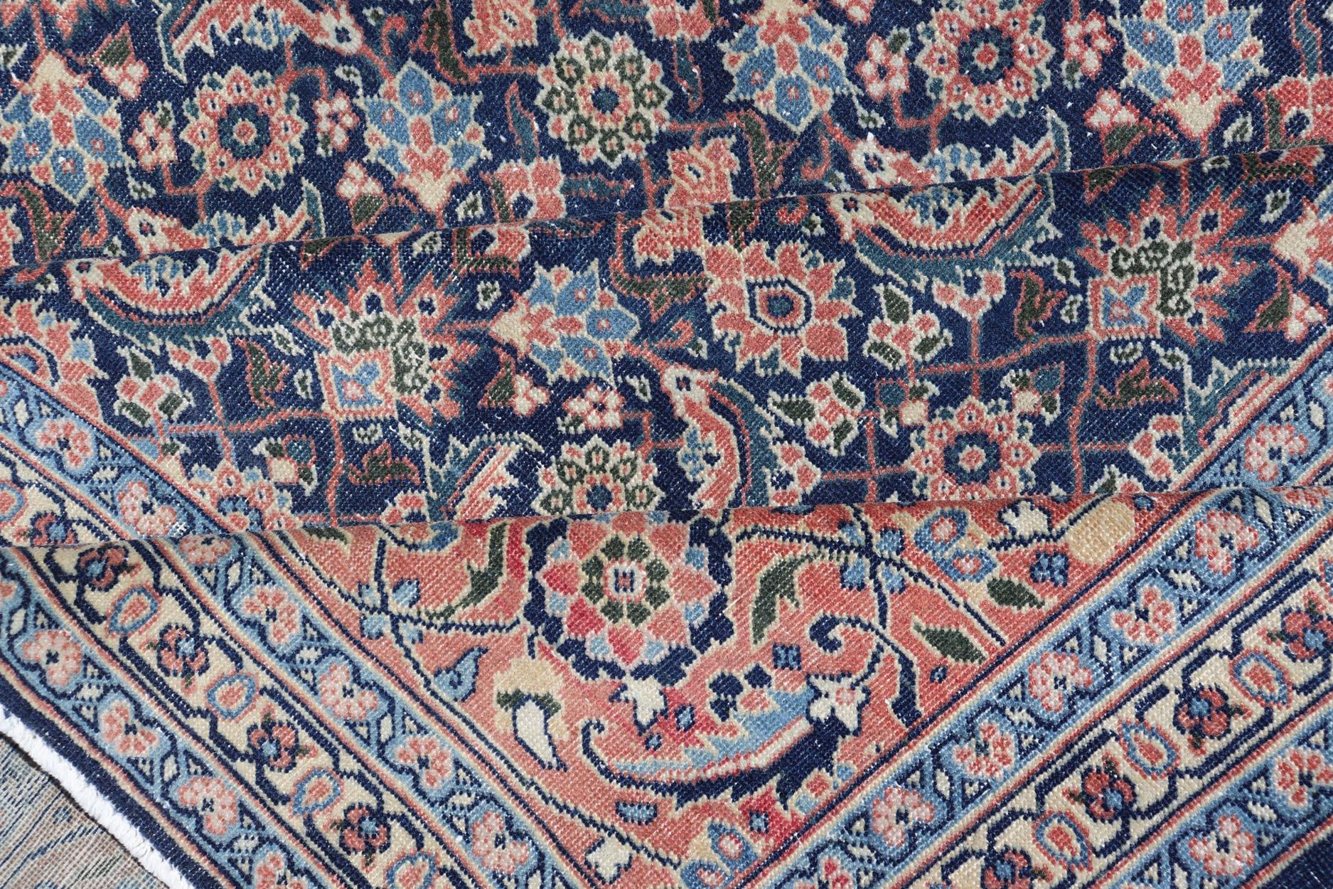 Antique Persian Tabriz with Sub-Geometric Herati Design in Blue Background For Sale 12