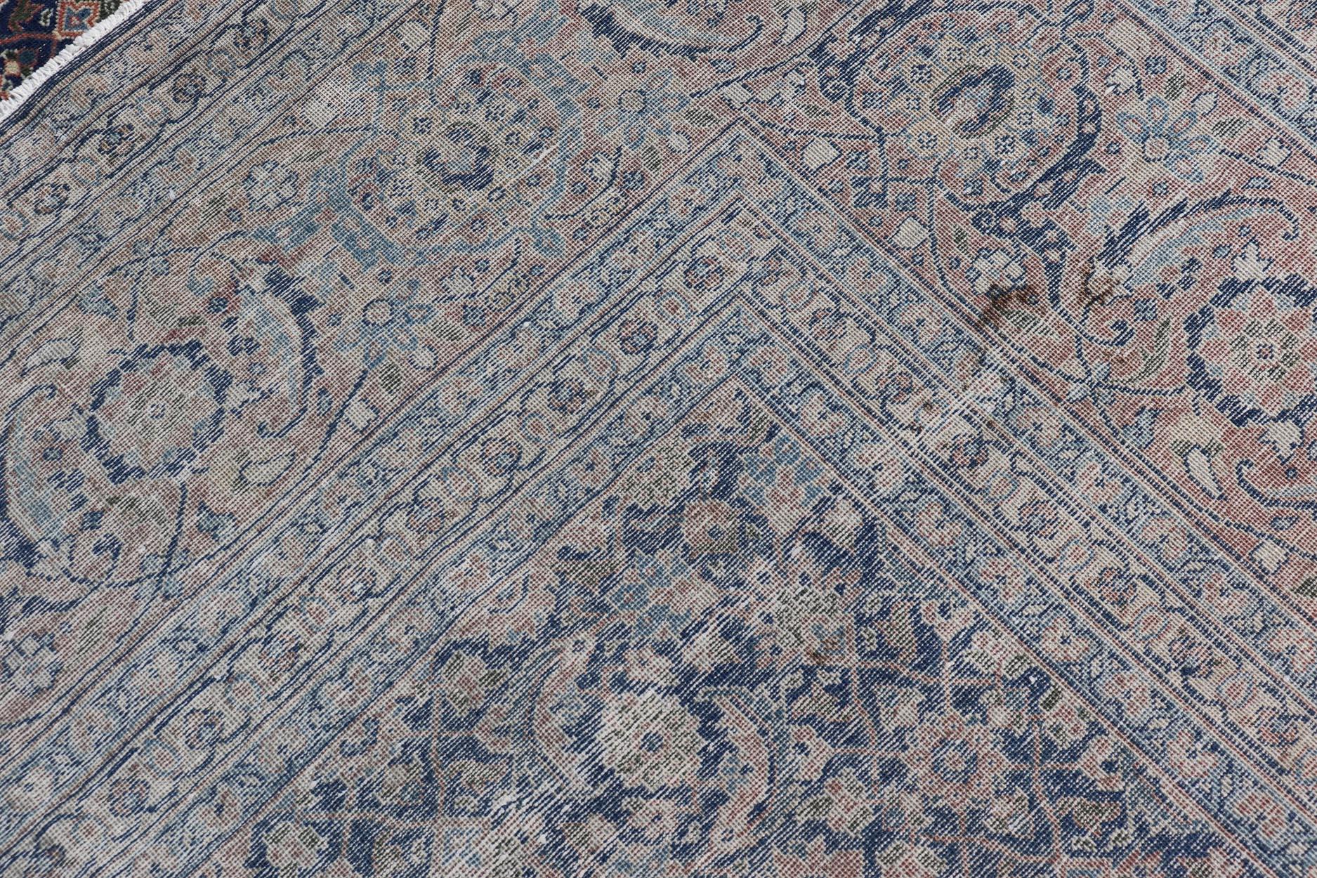Antique Persian Tabriz with Sub-Geometric Herati Design in Blue Background For Sale 14