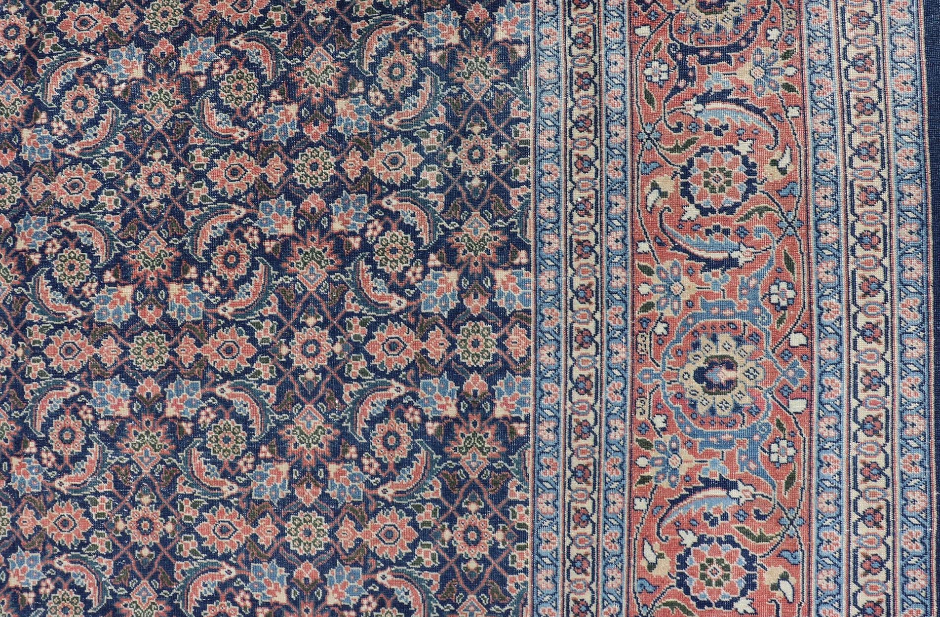 Antique Persian Tabriz with Sub-Geometric Herati Design in Blue Background In Good Condition For Sale In Atlanta, GA