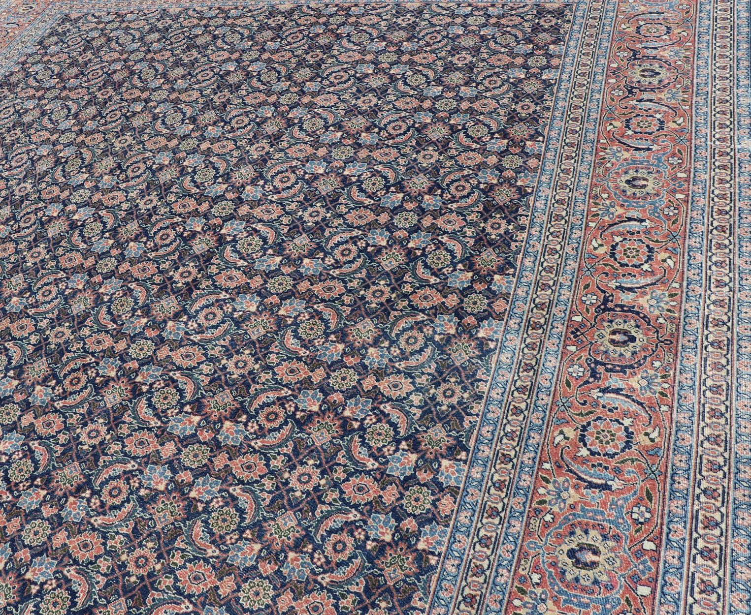 20th Century Antique Persian Tabriz with Sub-Geometric Herati Design in Blue Background For Sale