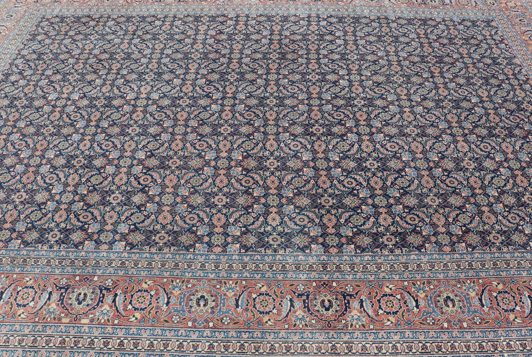Antique Persian Tabriz with Sub-Geometric Herati Design in Blue Background For Sale 1