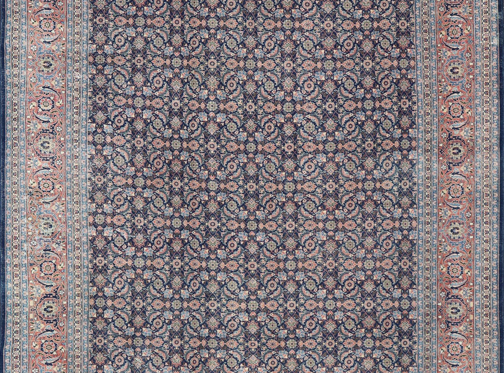 Antique Persian Tabriz with Sub-Geometric Herati Design in Blue Background For Sale 3