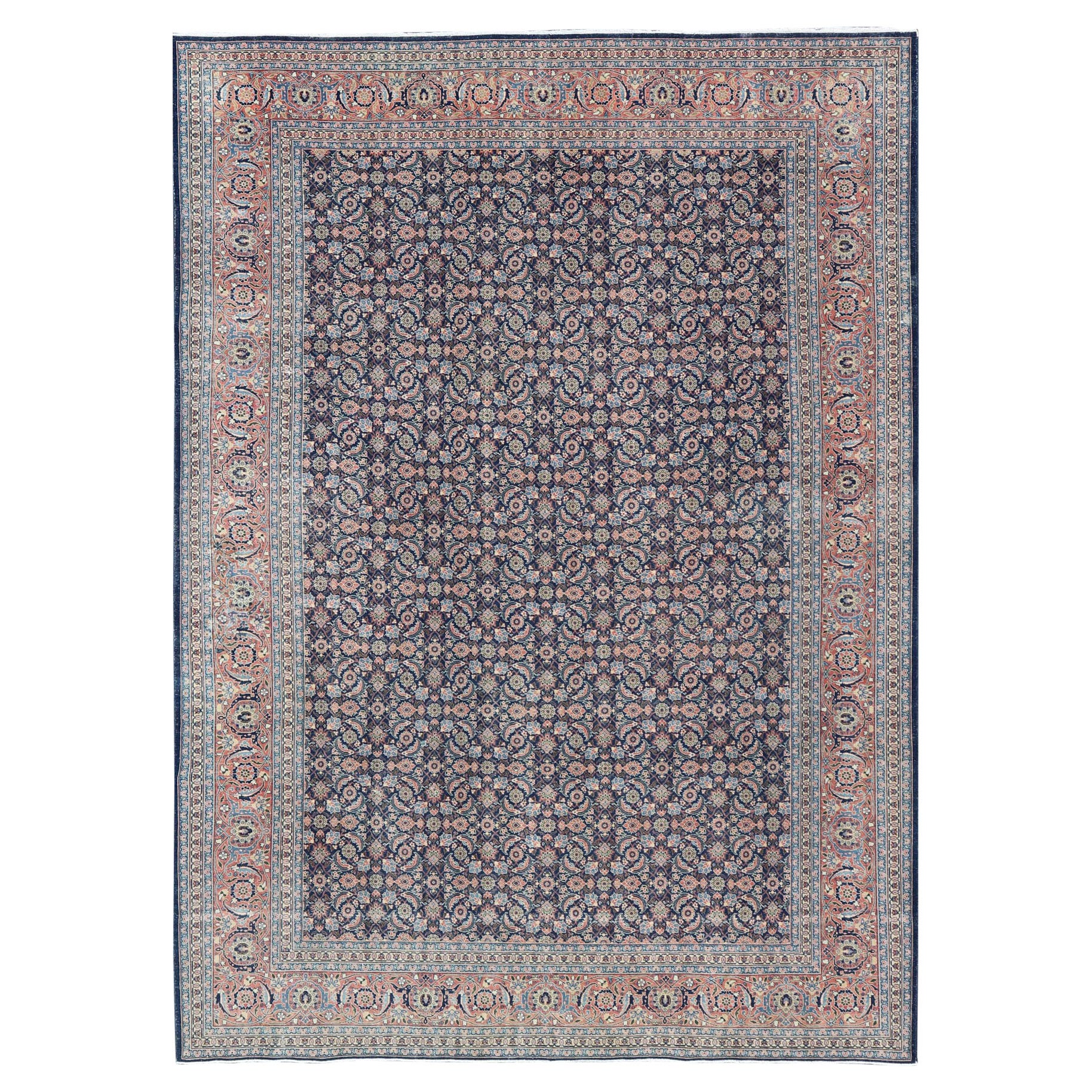 Tabriz persan ancien avec un design Sub-Geometric Herati sur fond bleu