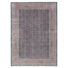 Tabriz persan ancien avec un design Sub-Geometric Herati sur fond bleu