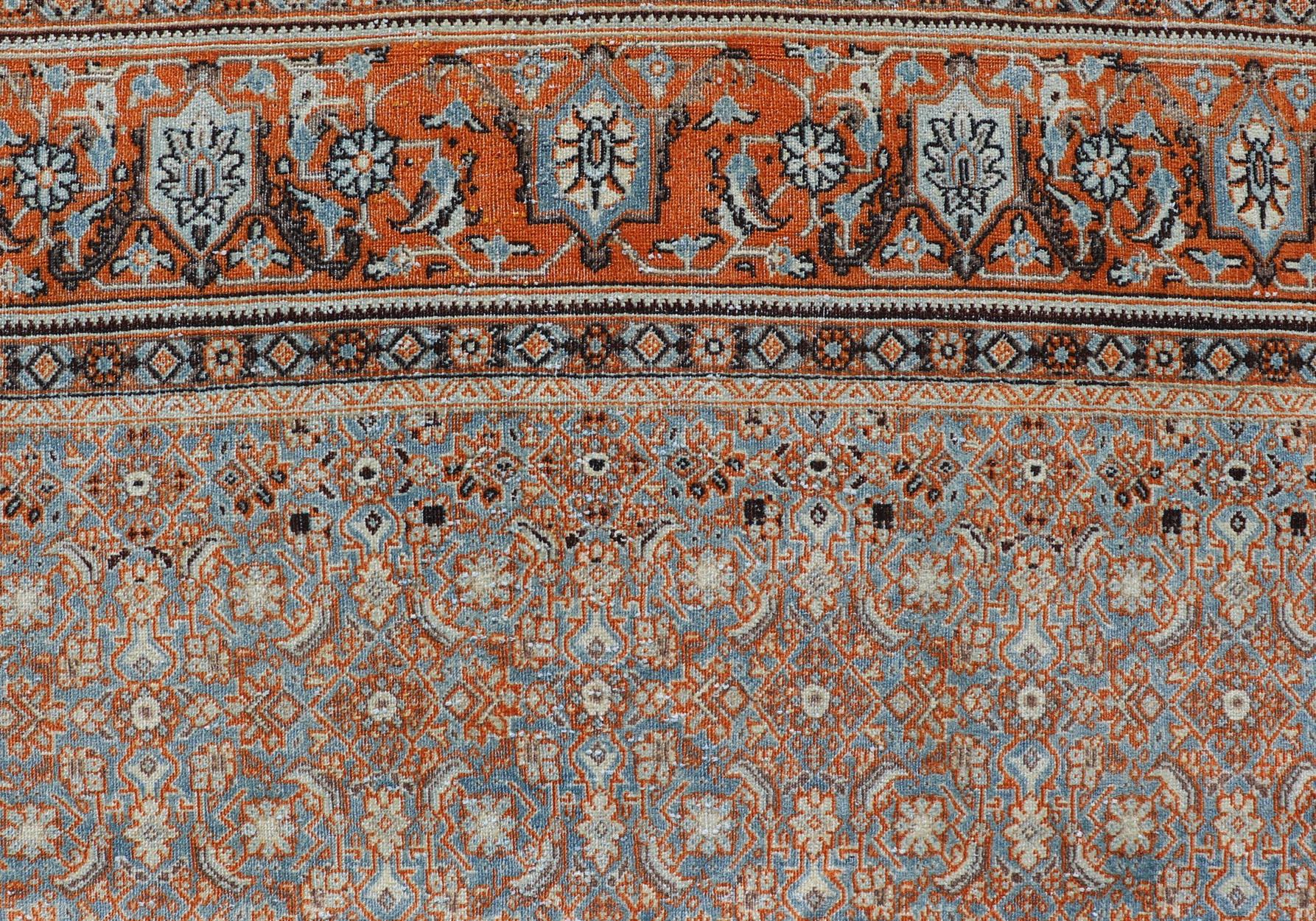 Antique Persian Tabriz with Sub-Geometric Herati Design in Orange and Blue For Sale 5