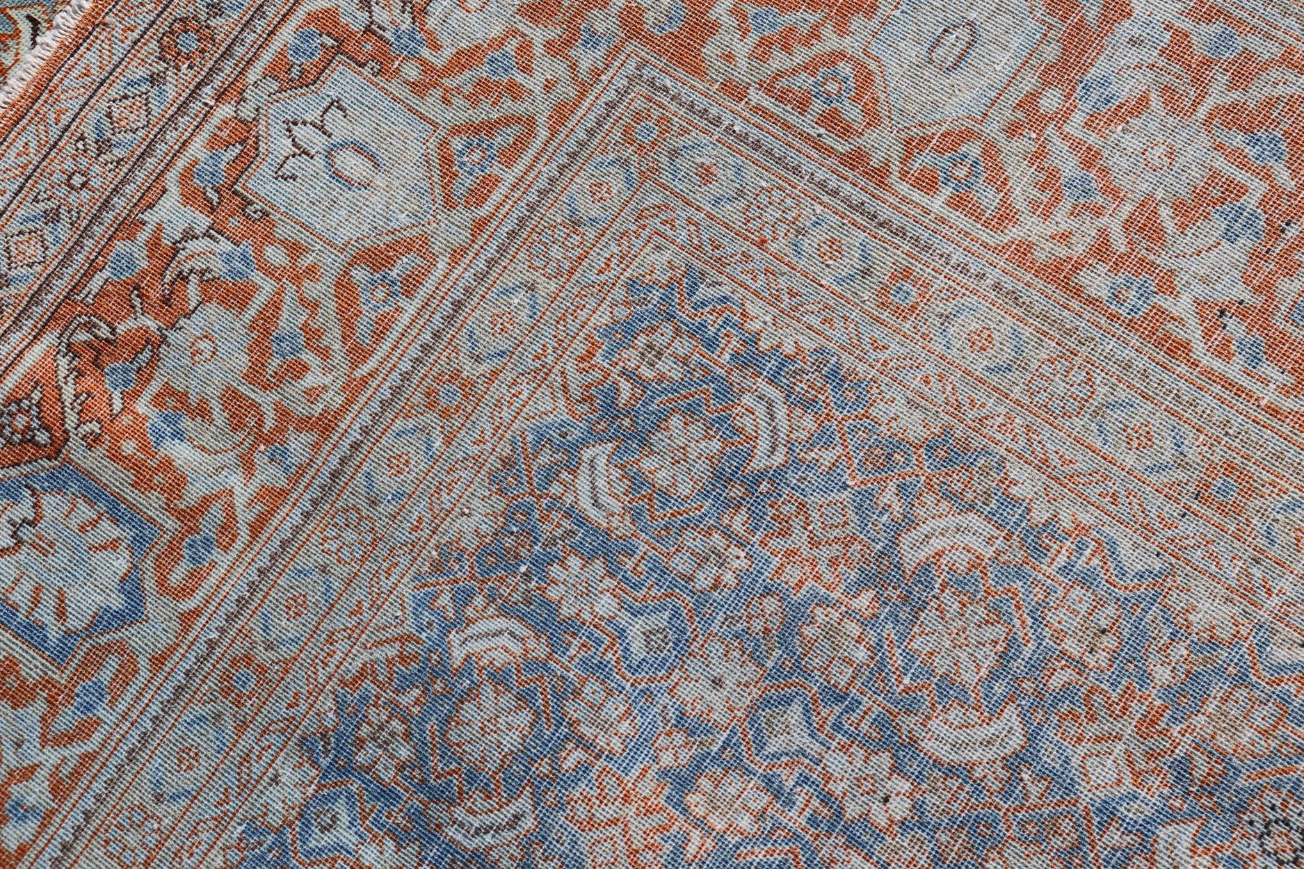 Antique Persian Tabriz with Sub-Geometric Herati Design in Orange and Blue For Sale 7