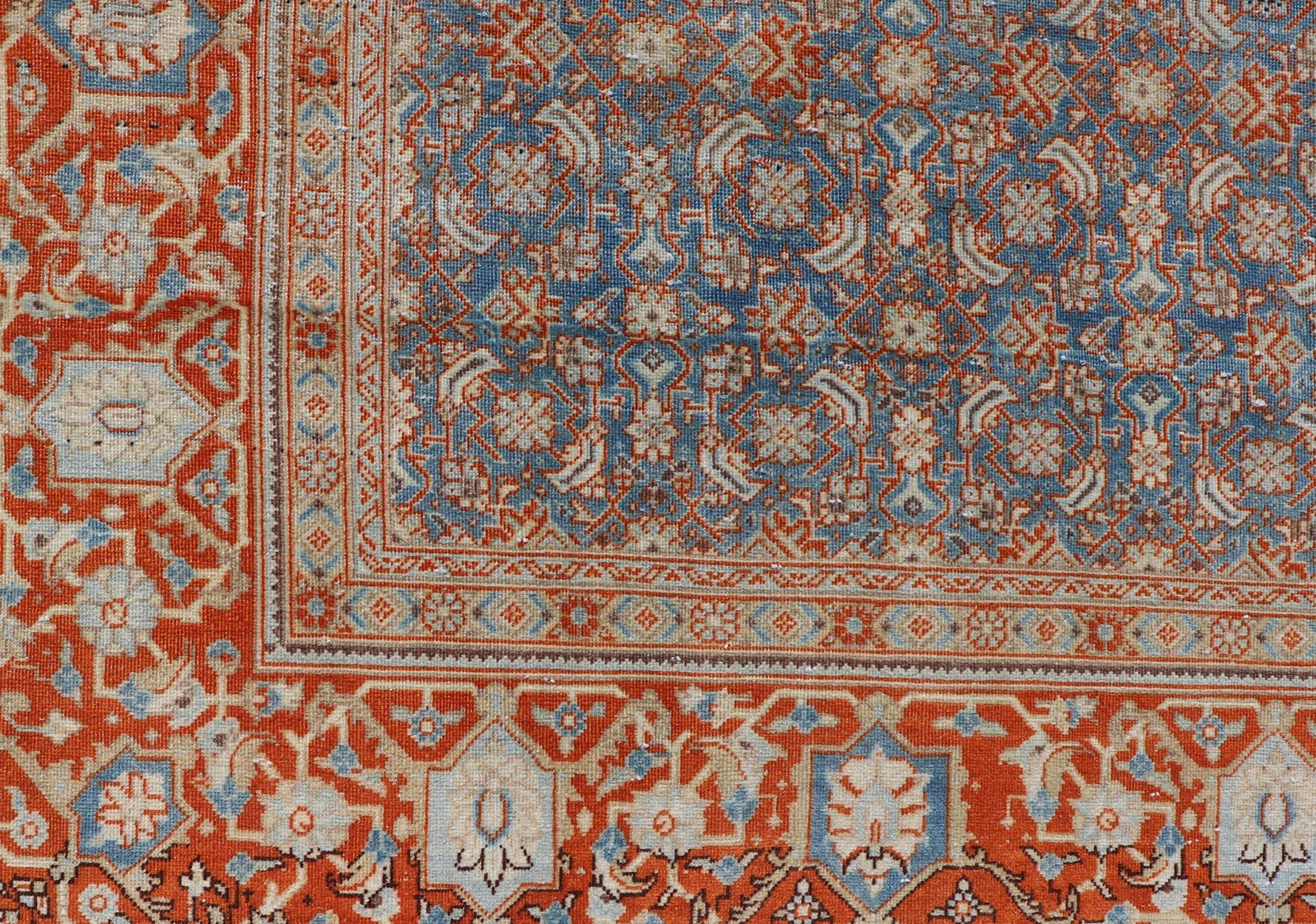 Hand-Knotted Antique Persian Tabriz with Sub-Geometric Herati Design in Orange and Blue For Sale