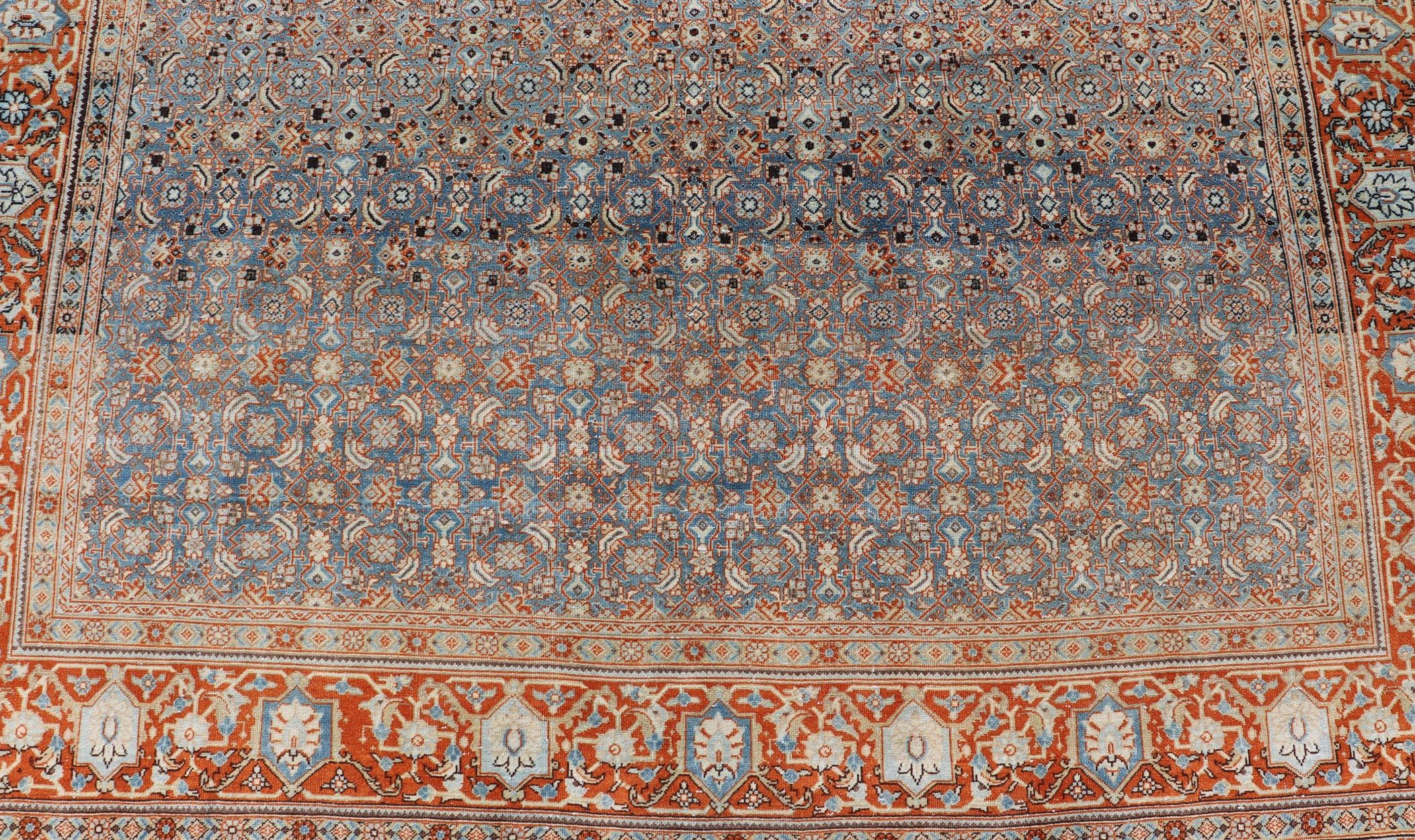 Antique Persian Tabriz with Sub-Geometric Herati Design in Orange and Blue In Good Condition For Sale In Atlanta, GA
