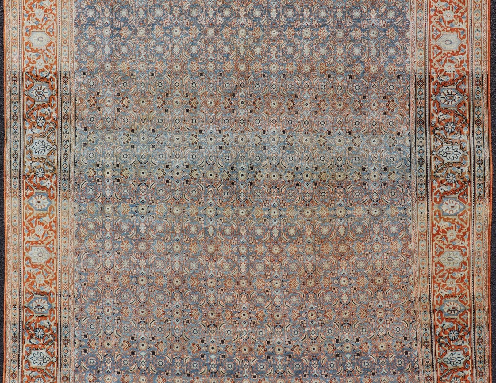 Wool Antique Persian Tabriz with Sub-Geometric Herati Design in Orange and Blue For Sale