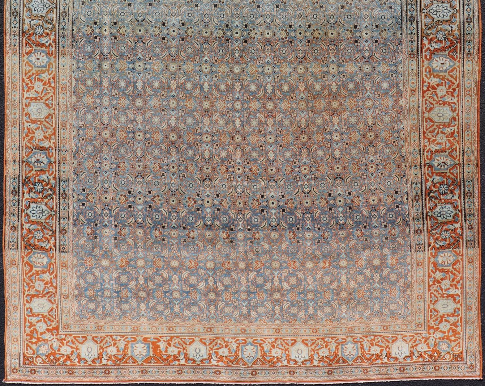 Antique Persian Tabriz with Sub-Geometric Herati Design in Orange and Blue For Sale 1