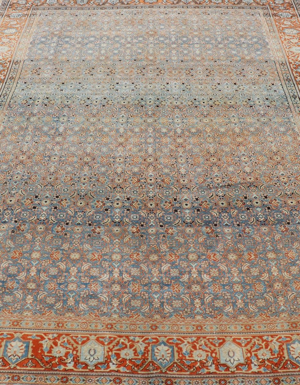 Antique Persian Tabriz with Sub-Geometric Herati Design in Orange and Blue For Sale 2