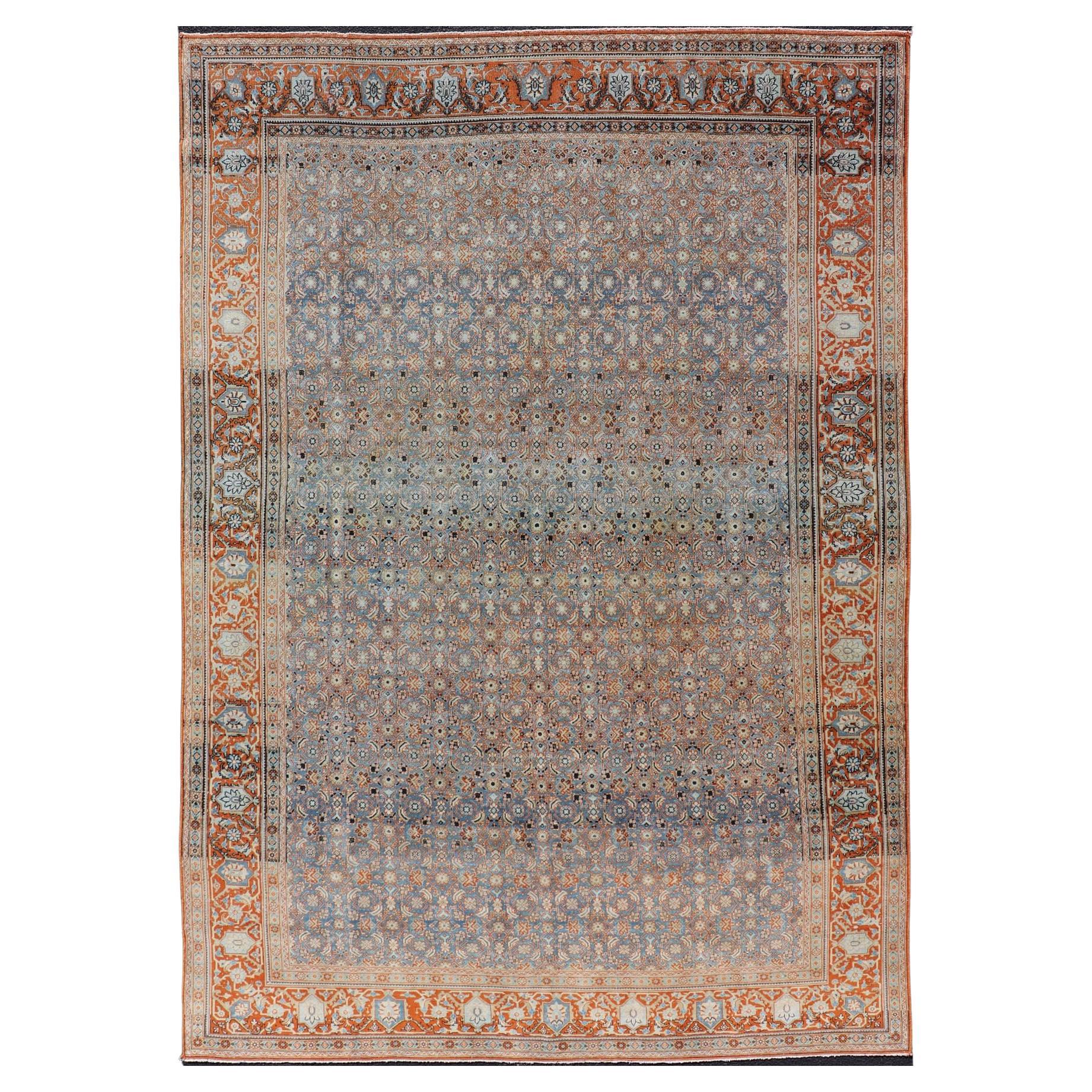 Antique Persian Tabriz with Sub-Geometric Herati Design in Orange and Blue For Sale