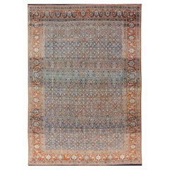 Antique Persian Tabriz with Sub-Geometric Herati Design in Orange and Blue