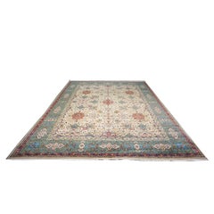 Antique Persian Tabriz Wool 11x15 Ivory & Teal Handmade Area Rug