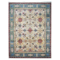 Antique Persian Tabriz Wool 11x15 Ivory & Teal Handmade Area Rug