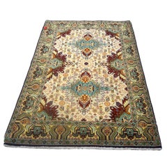 Antique Persian Tabriz Wool 3x5 Ivory, Burgundy & Green Handmade Area Rug
