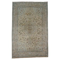 Antique Persian Tabriz Wool 6x10 Ivory, Tan & Light Blue Handmade Area Rug