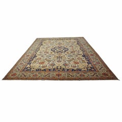 Antique Persian Tabriz Wool 9x12 Ivory & Light Green Handmade Area Rug