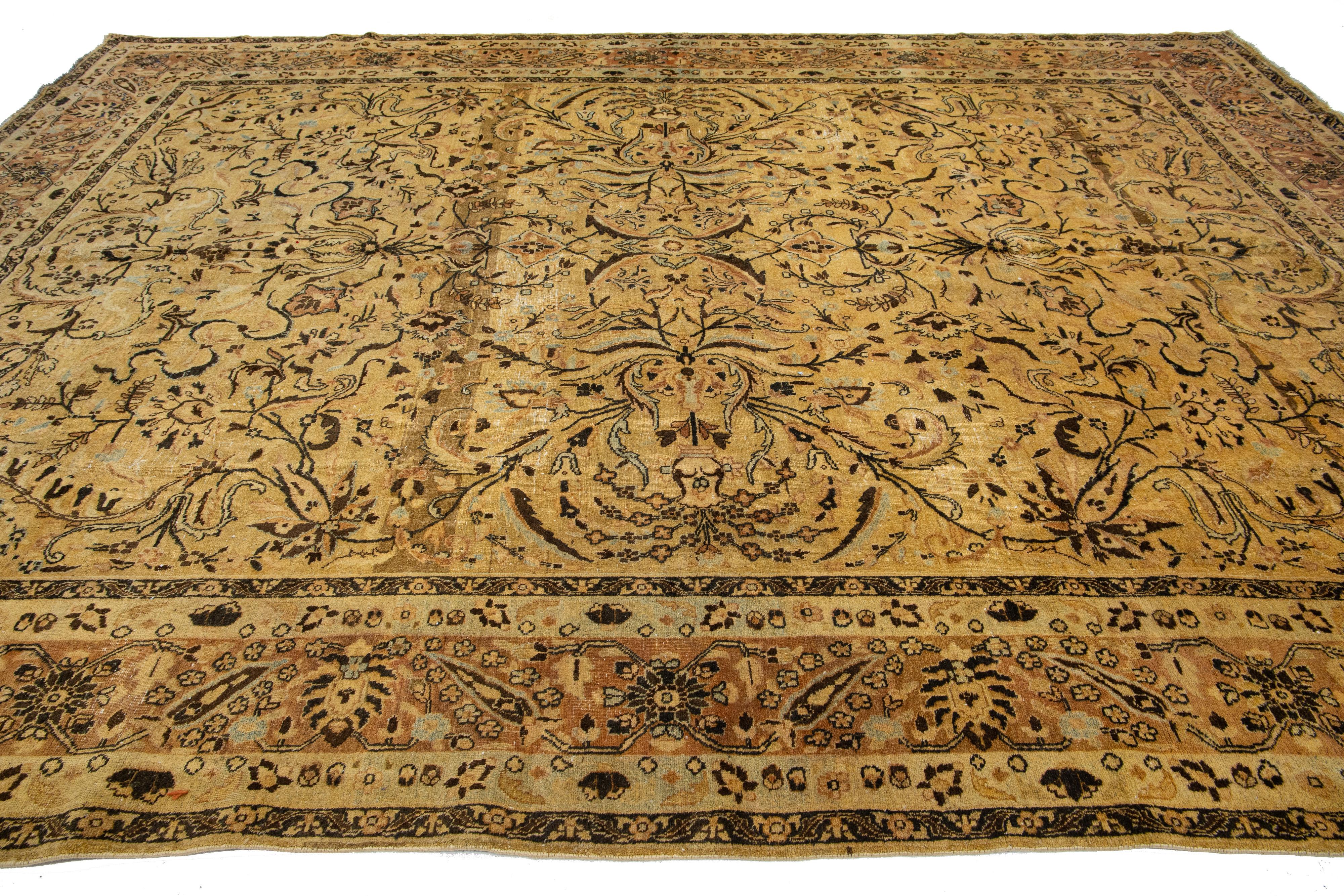 Hand-Knotted Antique Persian Tabriz Wool Rug With Allover Floral In Golden Color For Sale