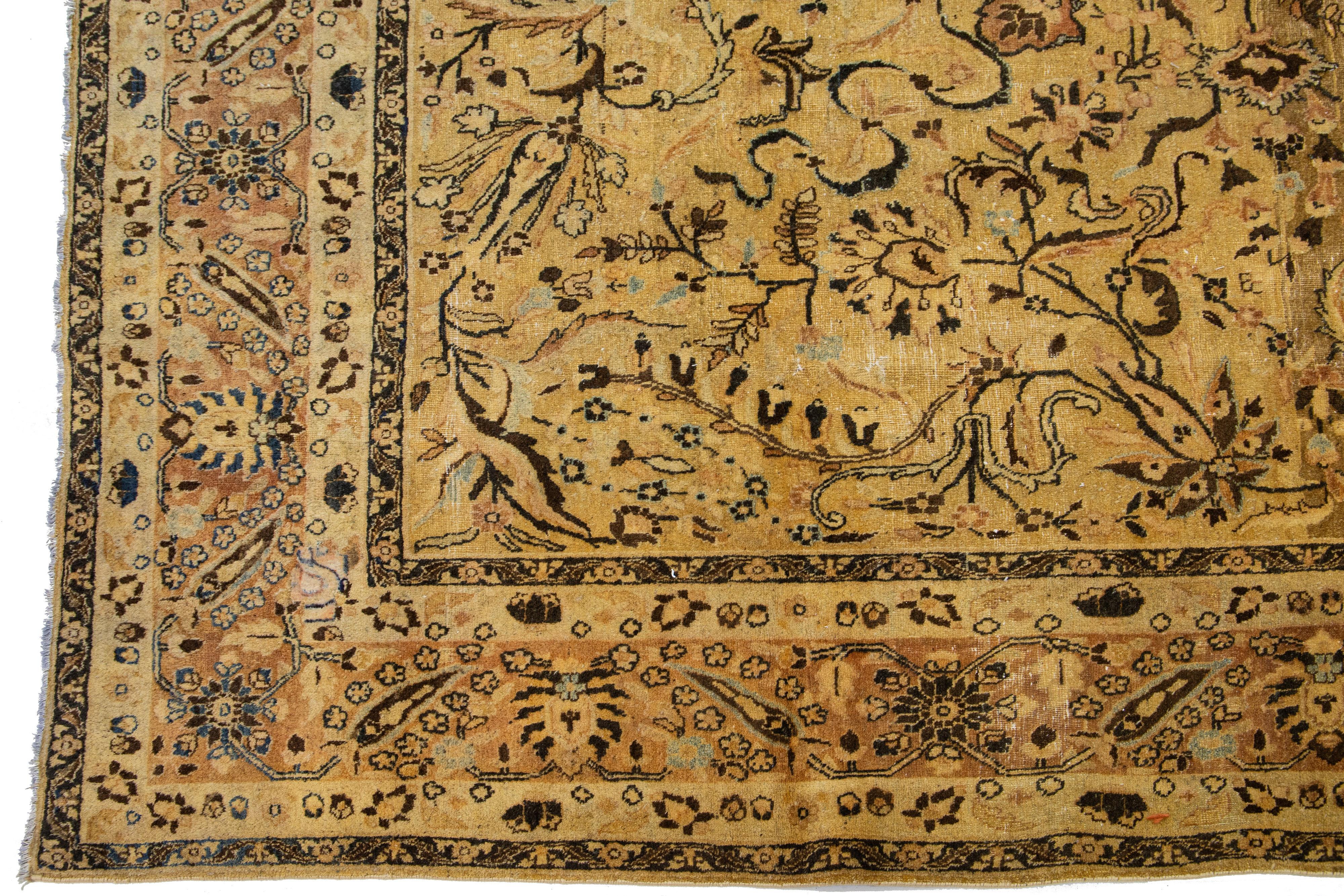 Antique Persian Tabriz Wool Rug With Allover Floral In Golden Color In Excellent Condition For Sale In Norwalk, CT