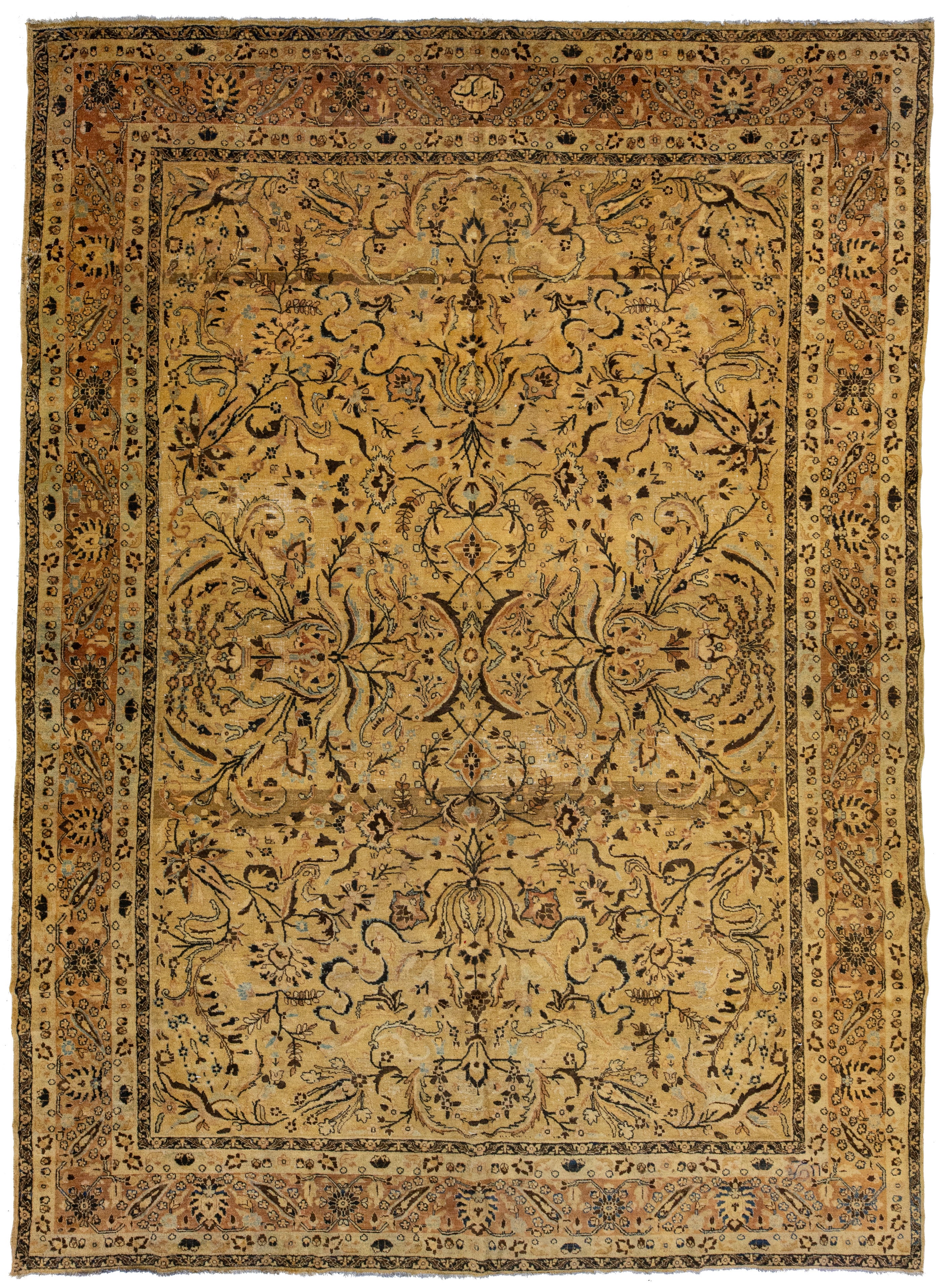 Antique Persian Tabriz Wool Rug With Allover Floral In Golden Color For Sale