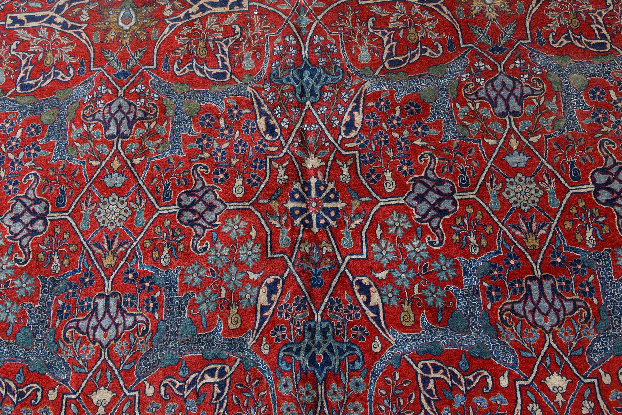 One-of-a-kind antique Persian Tehran botanic red, blue handmade wool rug 
Size: 7'8