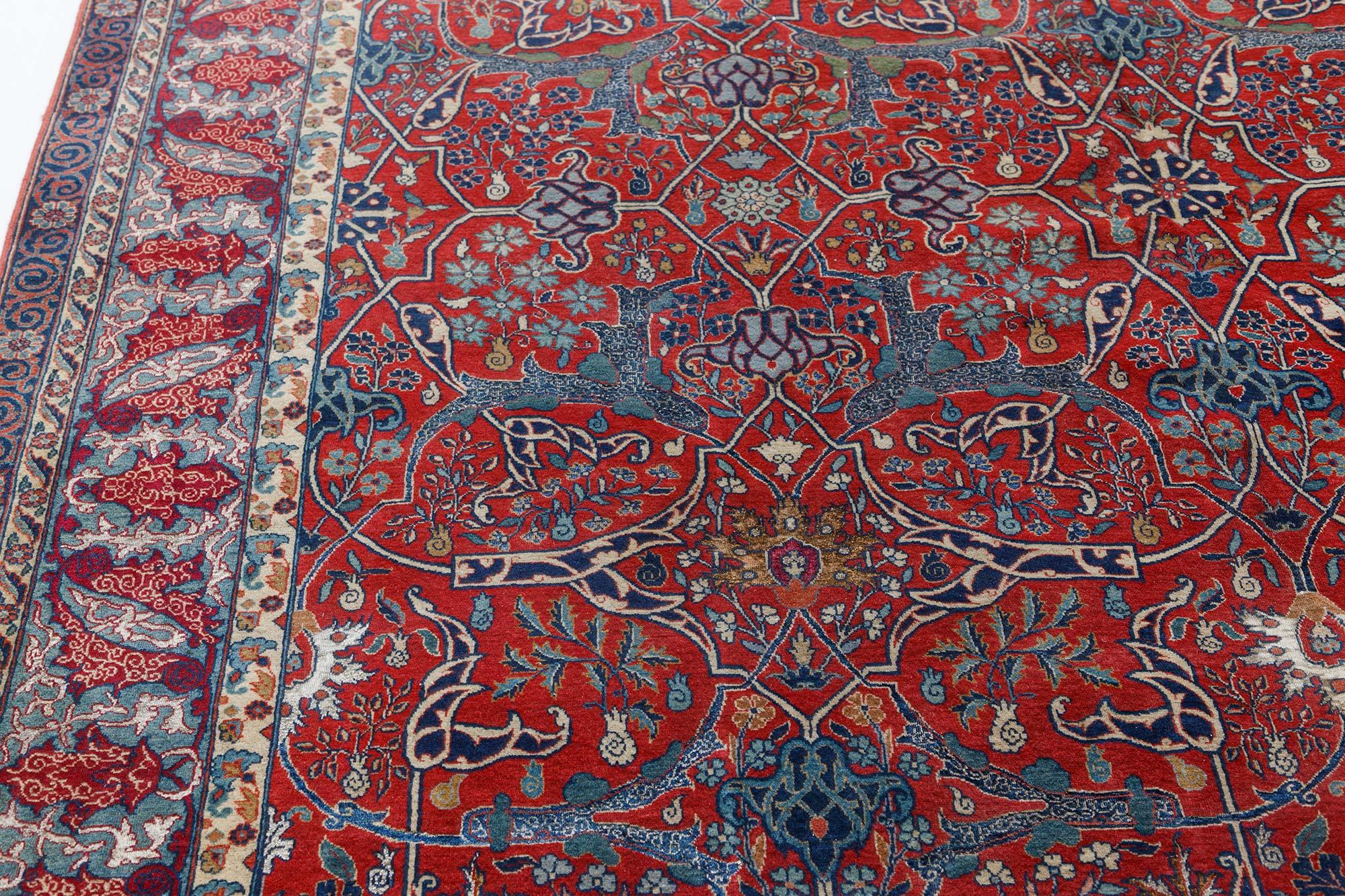 Antique Persian Tehran Botanic Handmade Wool Rug In Good Condition For Sale In New York, NY