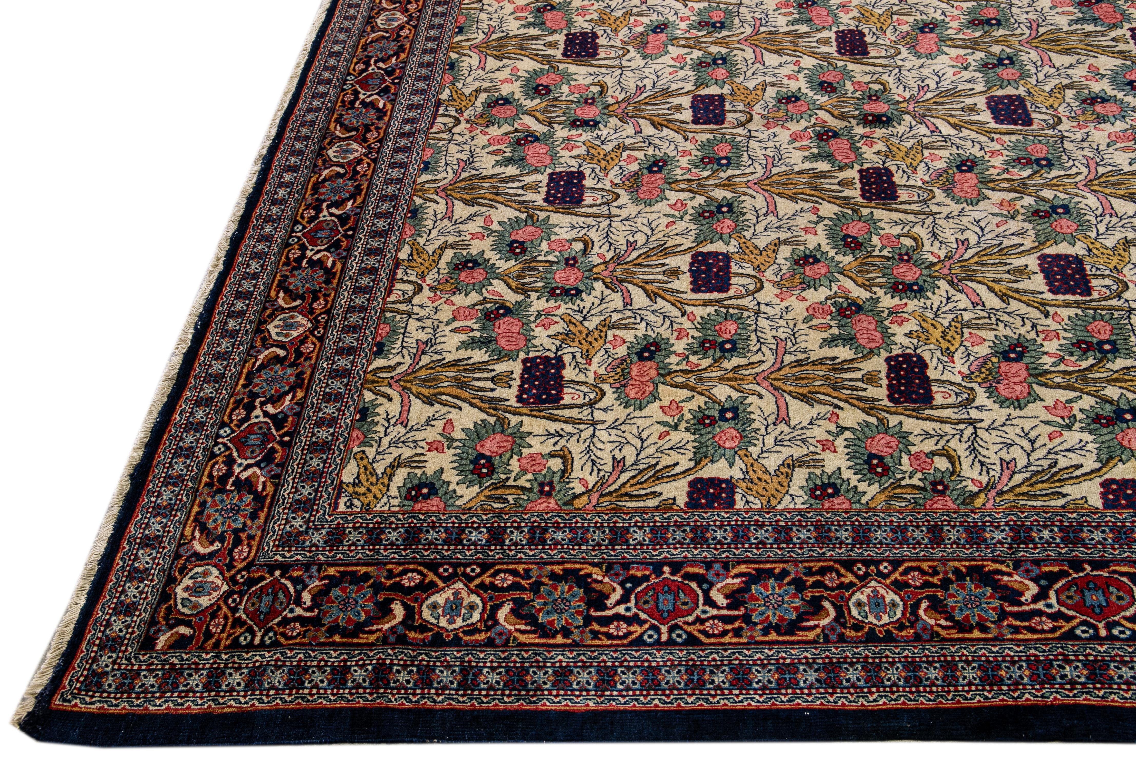 Islamic Antique Persian Tehran Handmade Multicolor Floral Pattern Beige Rug For Sale