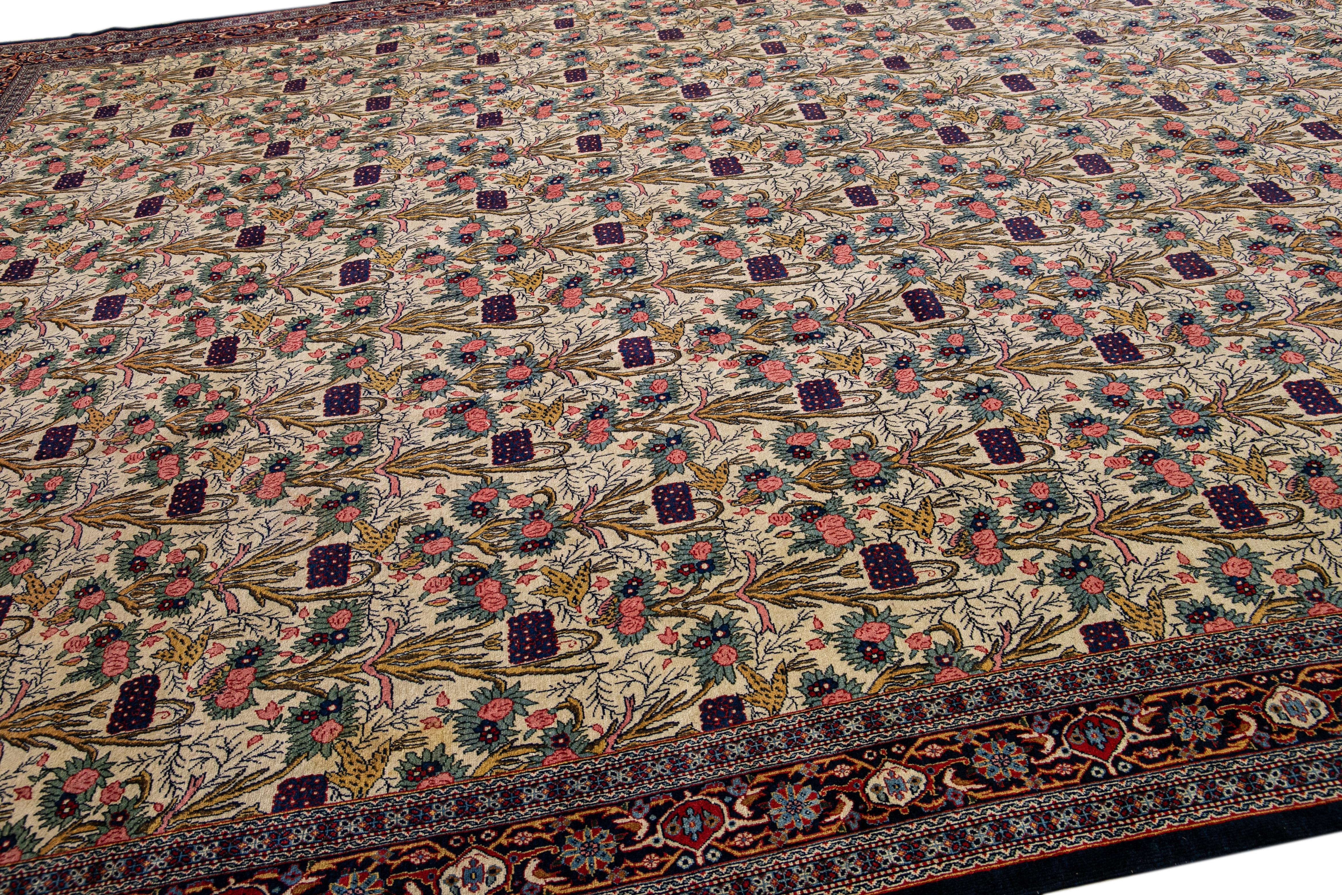 Hand-Knotted Antique Persian Tehran Handmade Multicolor Floral Pattern Beige Rug For Sale