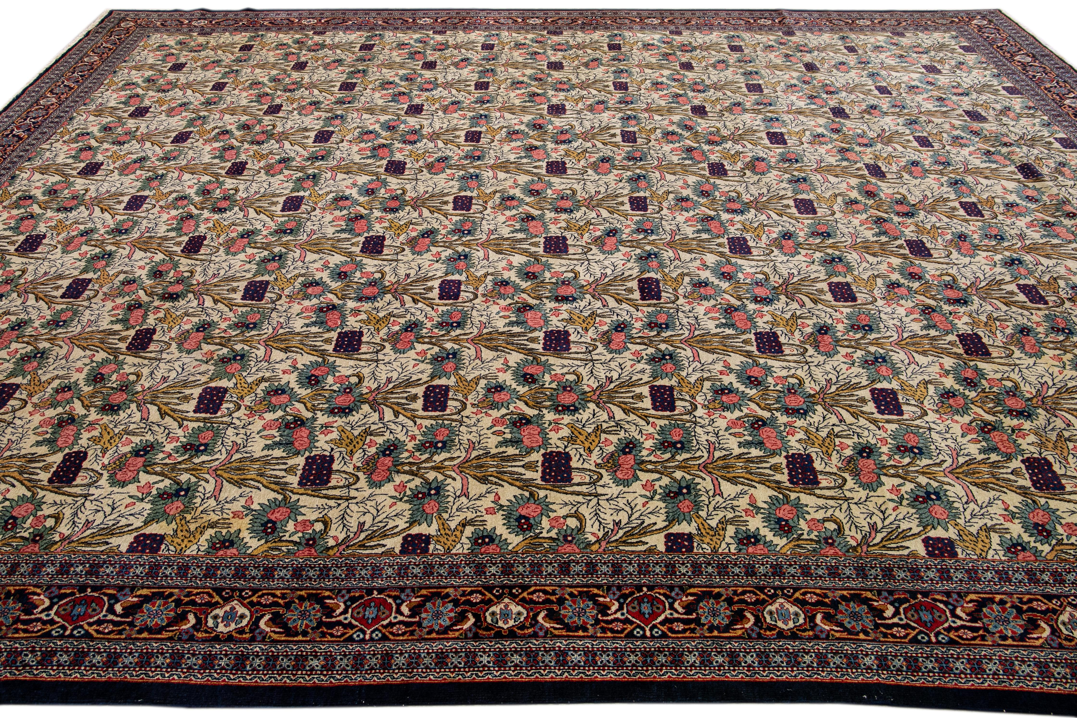 Antique Persian Tehran Handmade Multicolor Floral Pattern Beige Rug In Good Condition For Sale In Norwalk, CT