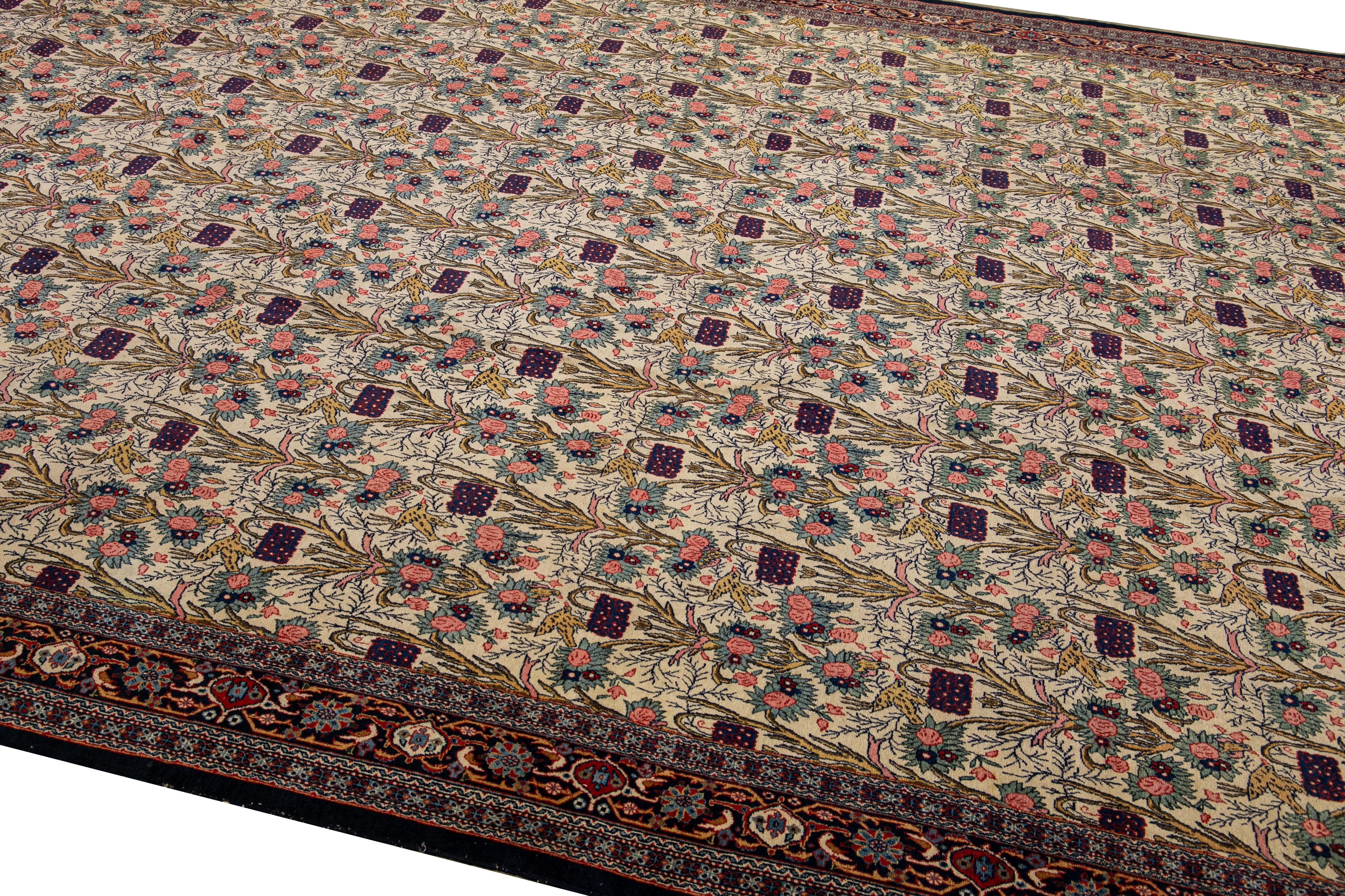 Early 20th Century Antique Persian Tehran Handmade Multicolor Floral Pattern Beige Rug For Sale