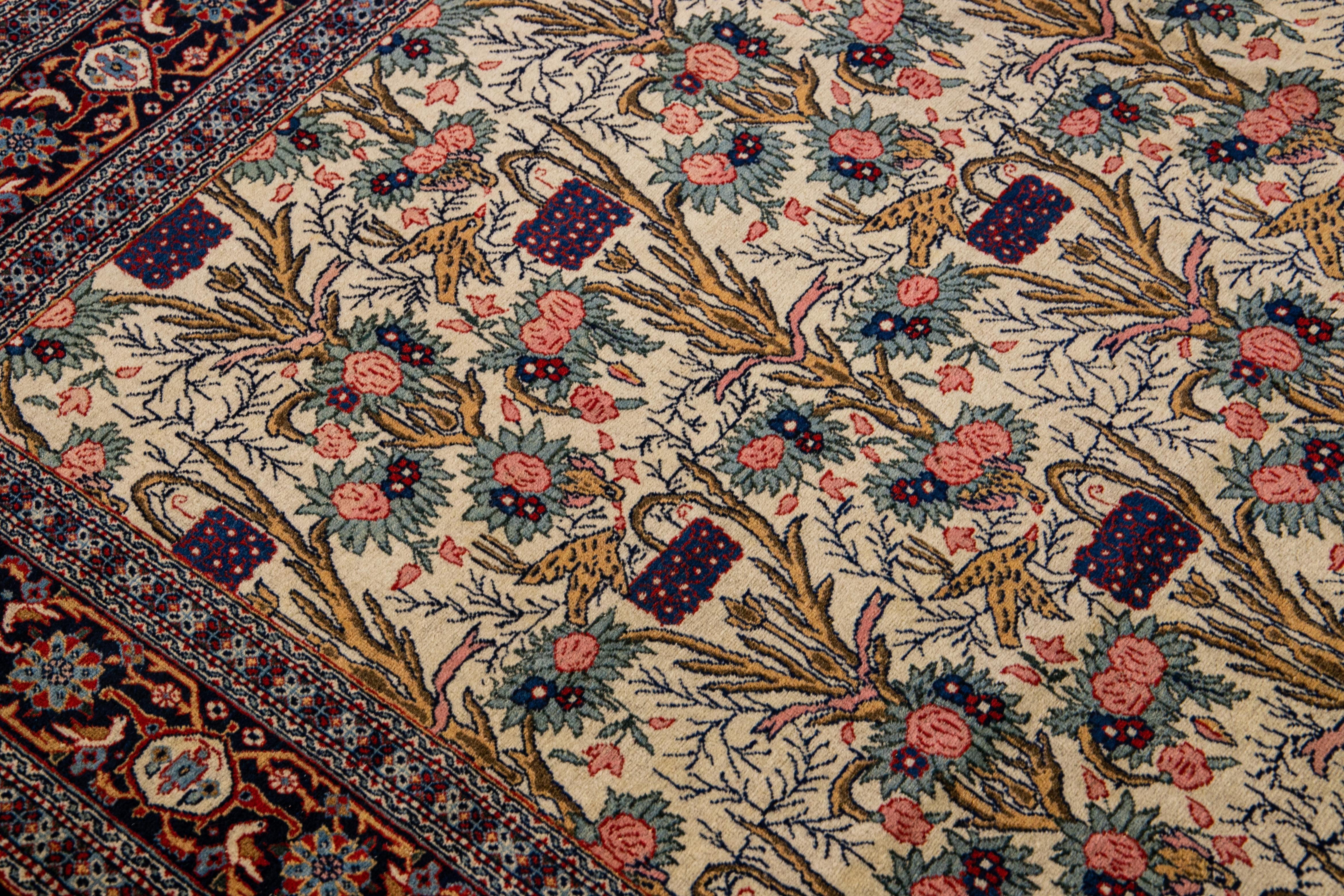 Wool Antique Persian Tehran Handmade Multicolor Floral Pattern Beige Rug For Sale