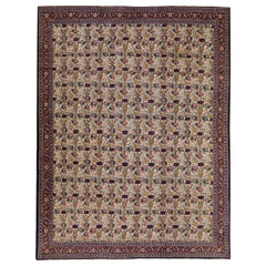 Antique Persian Tehran Handmade Multicolor Floral Pattern Beige Rug