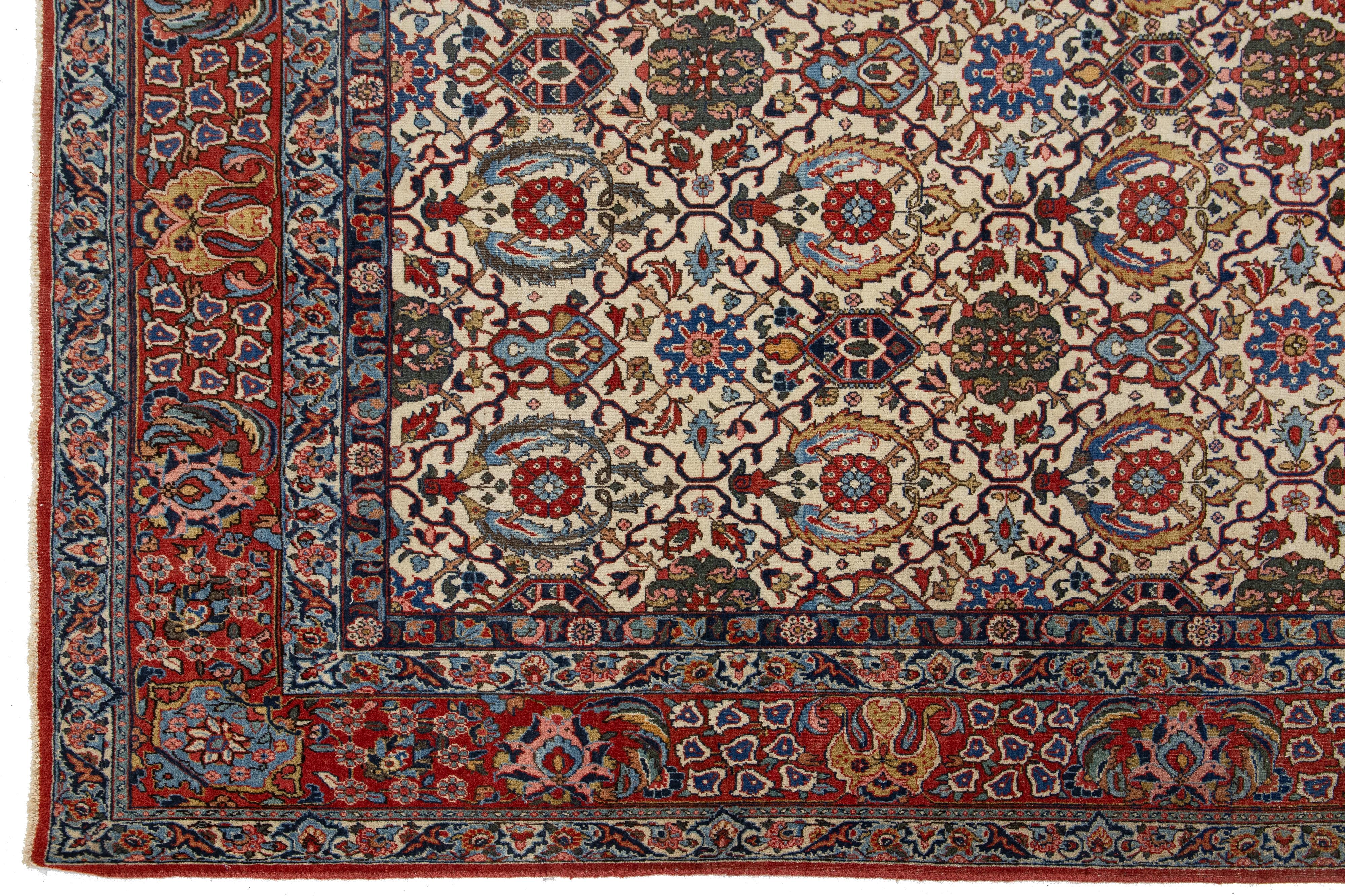 Antiker persischer Teheraner handgefertigter Wollteppich mit mehrfarbigem Allover-Muster (Frühes 20. Jahrhundert) im Angebot