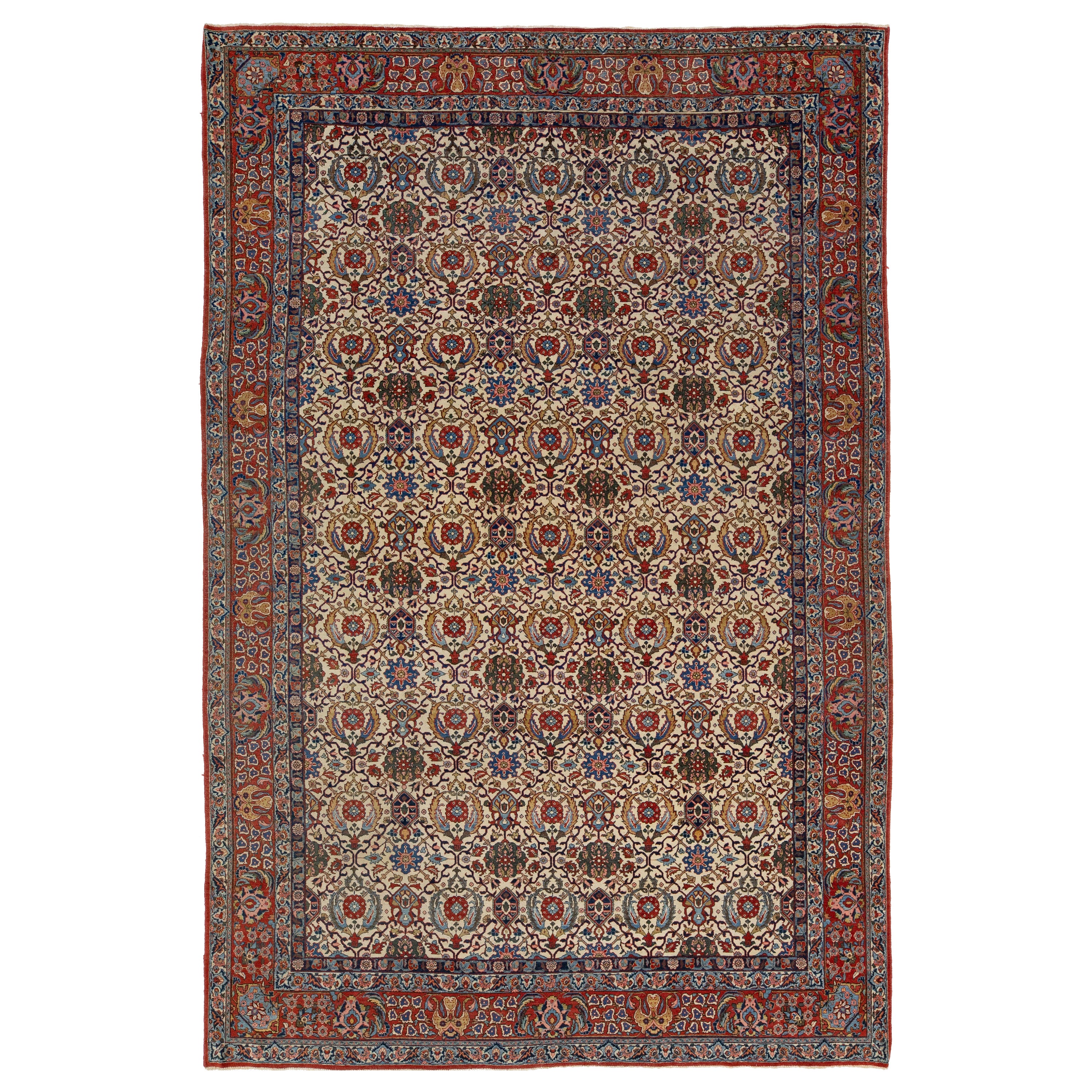 Antico tappeto persiano Teheran fatto a mano in lana con motivo multicolore alllover