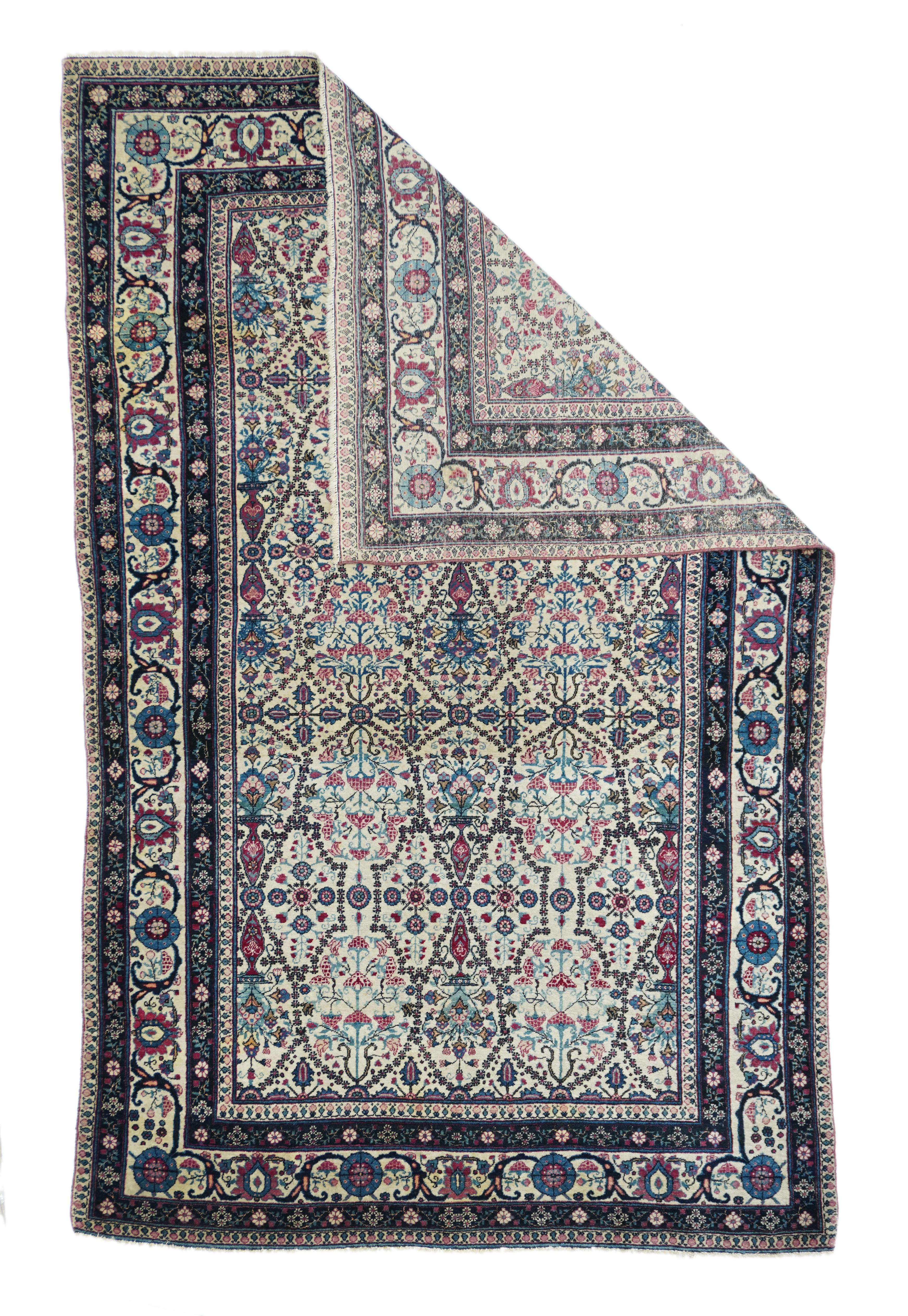 Antique Persian Tehran Rug 4'3'' x 6'9''. While most interwar Tehran scatters are medallion-types, this ecru field piece shows a precisely drawn pattern of two by two and a half “dumb bells” defined by irregular, arabesque latticework, and creating
