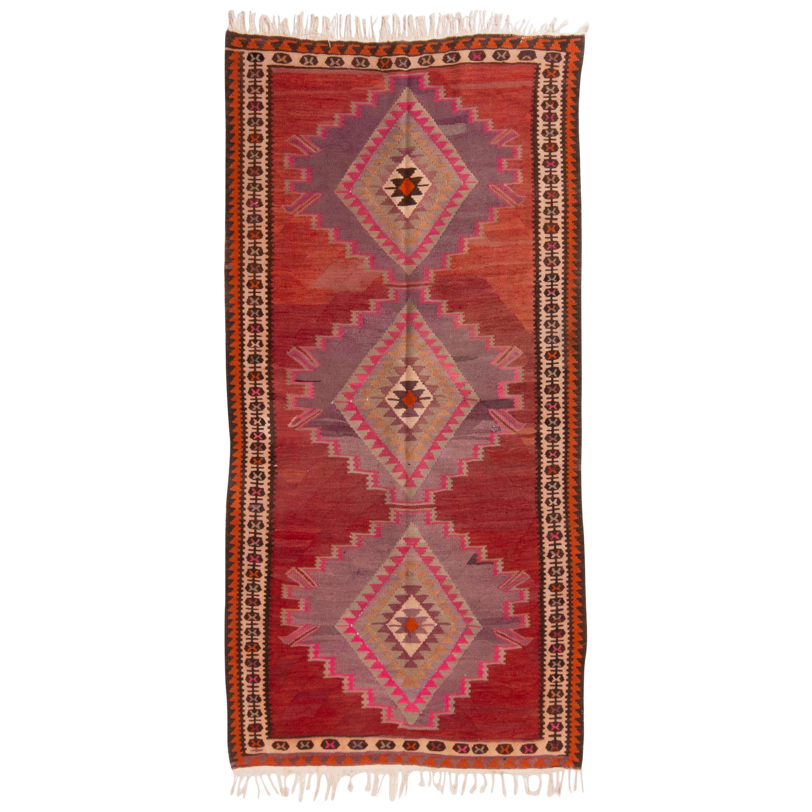 Antique Persian Transitional Red and Pink Wool Kilim Rug For Sale at