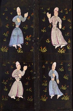 Antique Persian Travel Mirror, Intarsia Work, Dancing People, 19th Century