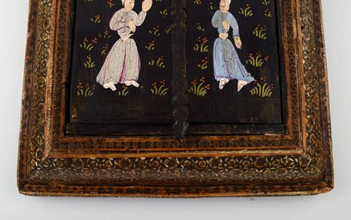 West Asian Antique Persian Travel Mirror, Intarsia Work, Dancing People, 19th Century
