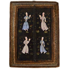 Antique Persian Travel Mirror, Intarsia Work, Dancing People, 19th Century