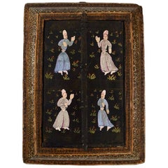 Antique Persian Travel Mirror, Intarsia Work, Dancing People, 19th Century