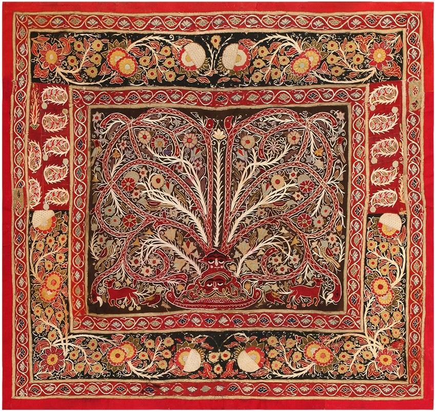 Antiker persischer Baum des Lebens-Design Rashti-Stickerei Textil 4'4